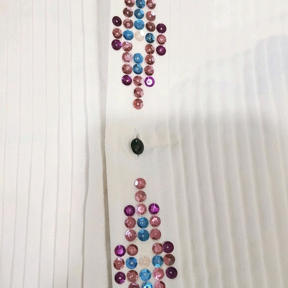 Vintage Moores Sequin Pleated Front White Dress Shirt Banded Collar Sz 15 32/33 - Picture 13 of 16